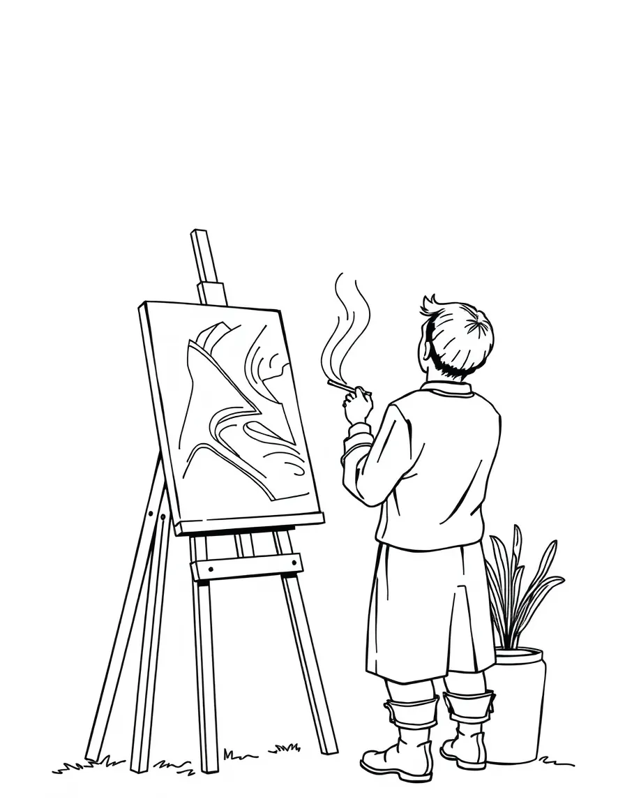 An artist painting on an easel.
