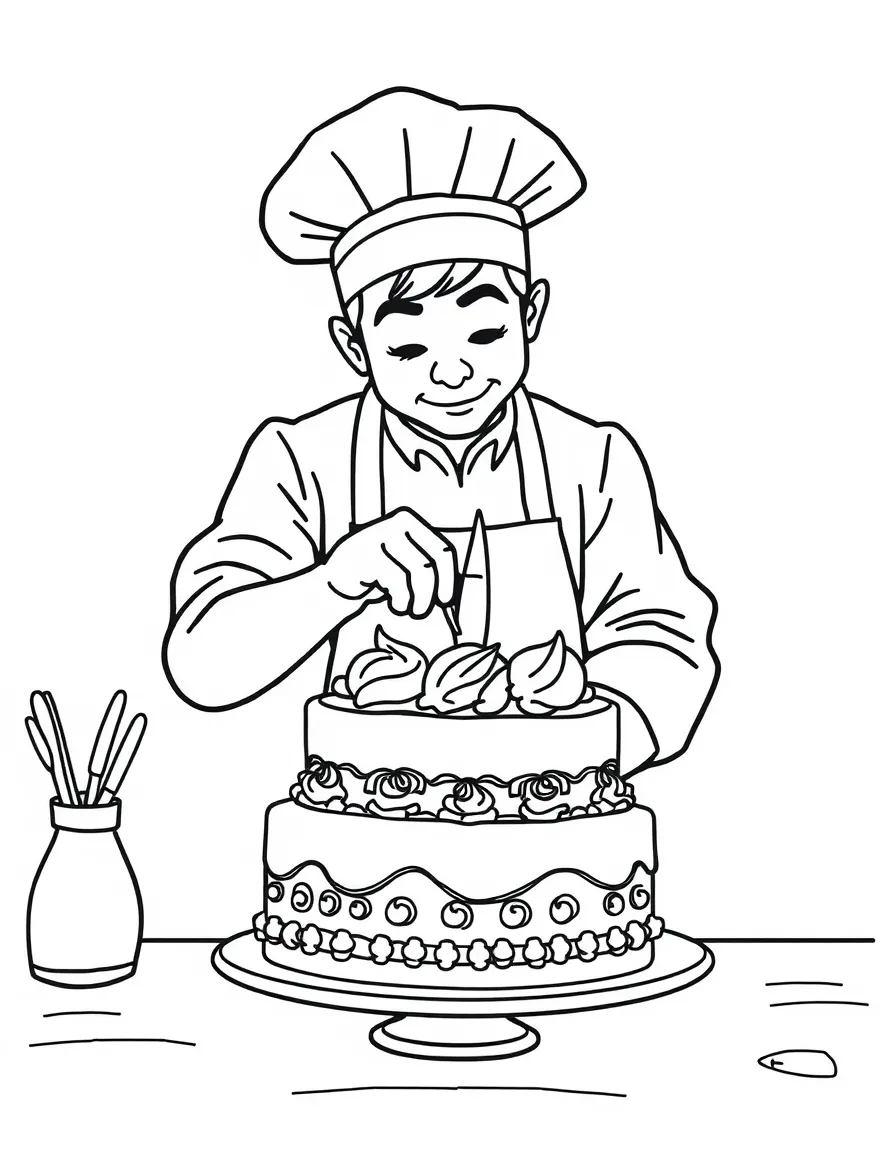 A baker decorating a cake.