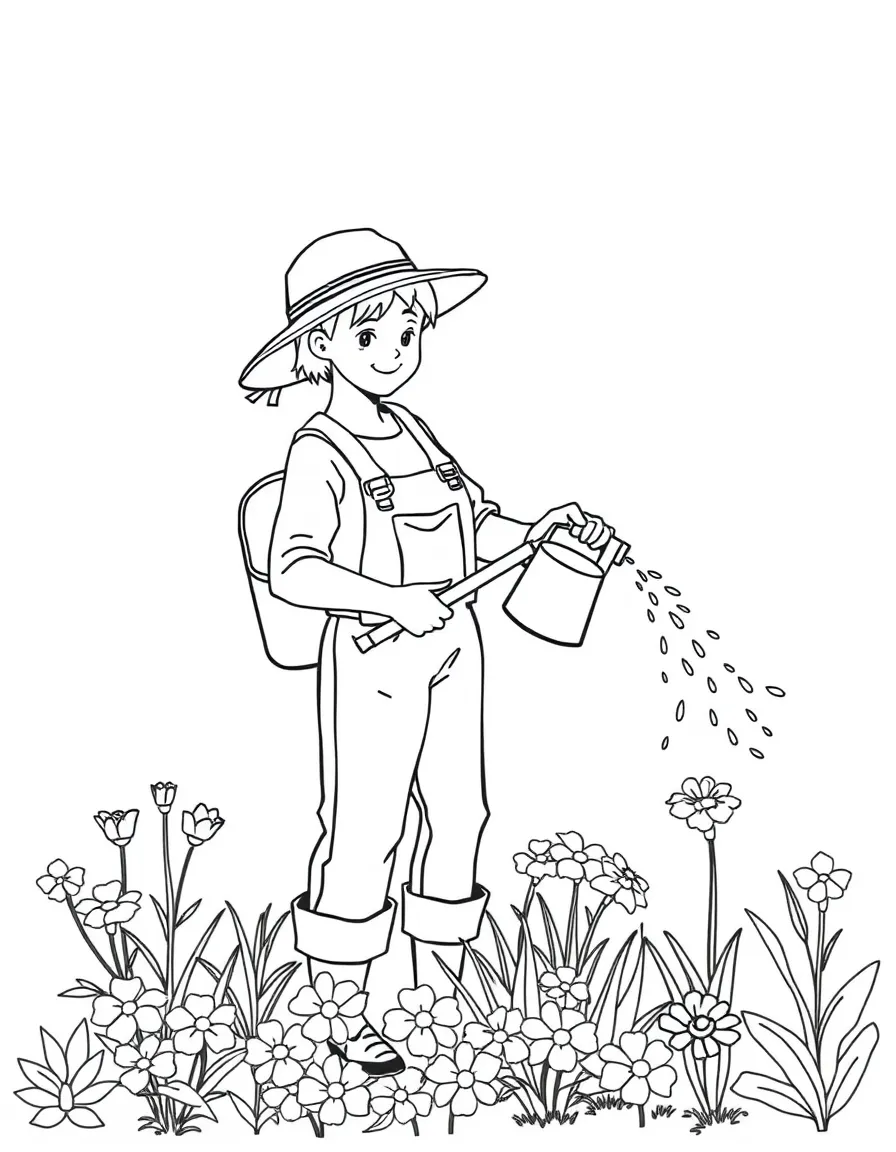 A gardener watering flowers.
