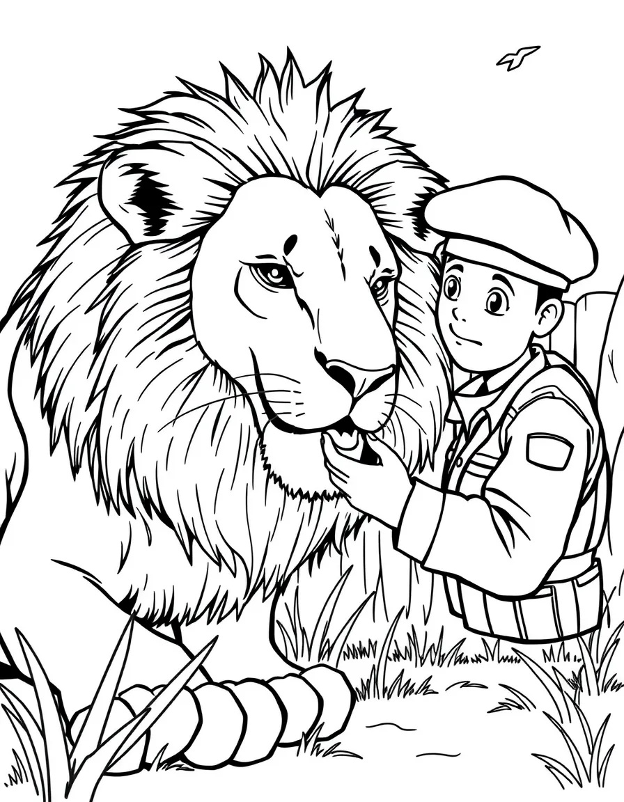A zookeeper feeding a lion.
