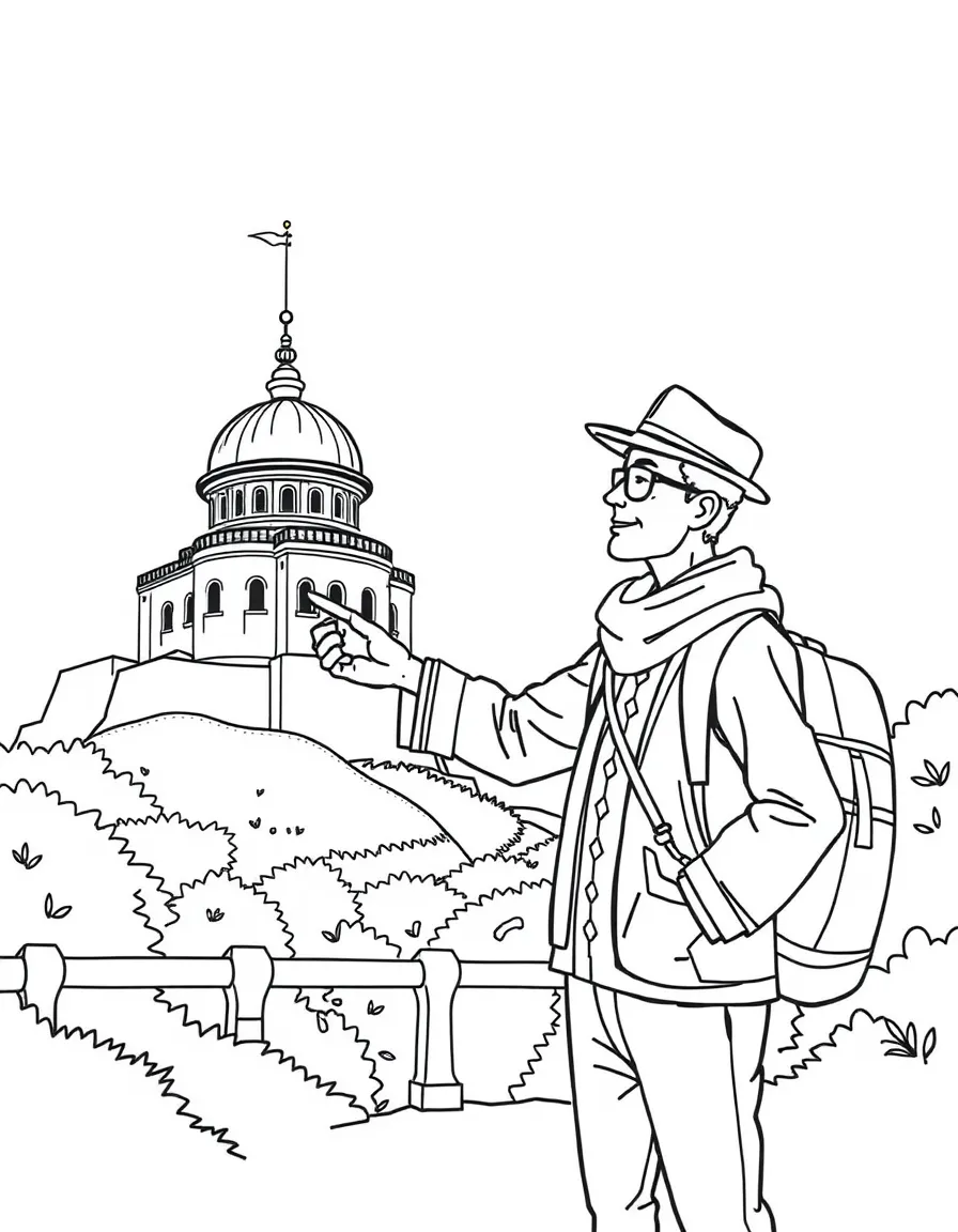 A tour guide pointing to a landmark.