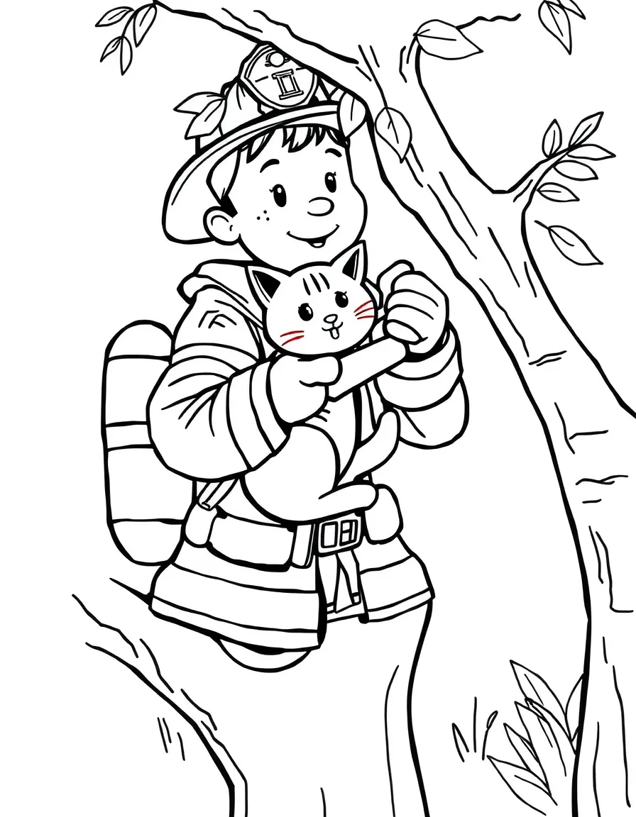 A firefighter rescuing a cat from a tree.