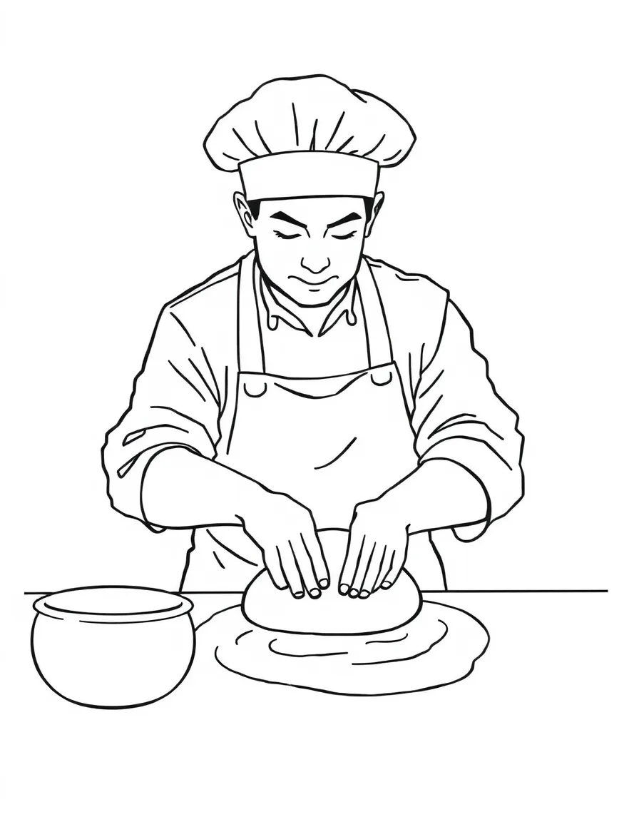 A baker kneading dough.