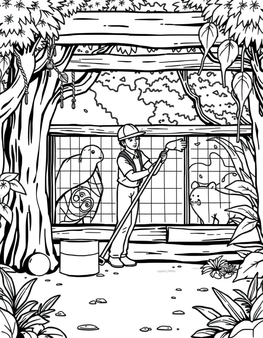 A zookeeper cleaning an animal enclosure.