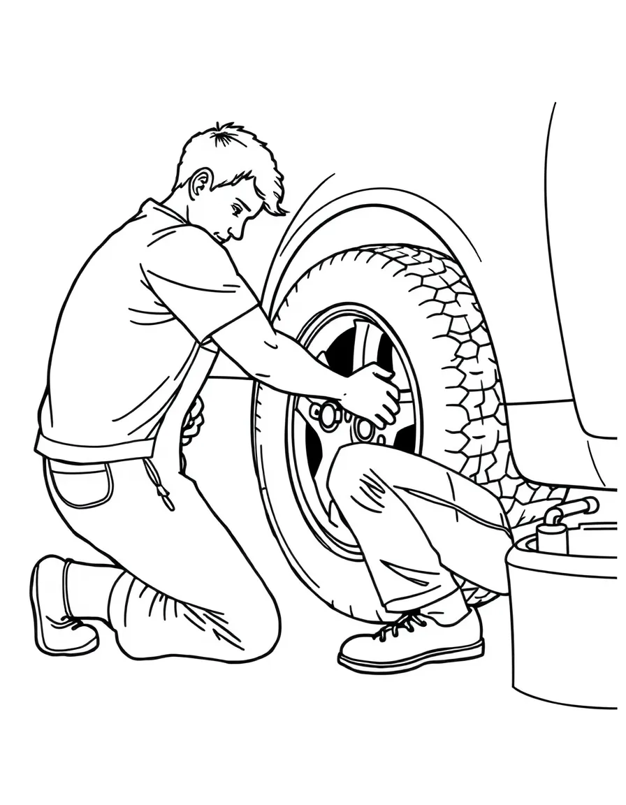 A mechanic changing a tire.