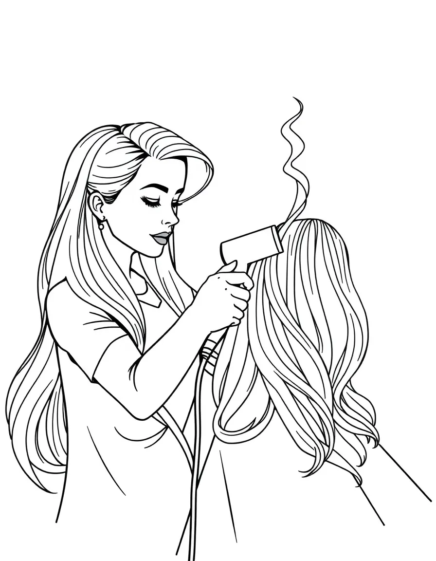 A hairdresser blow-drying hair.