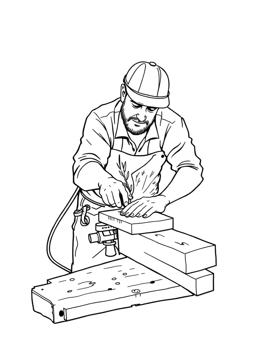 A carpenter sawing wood.
