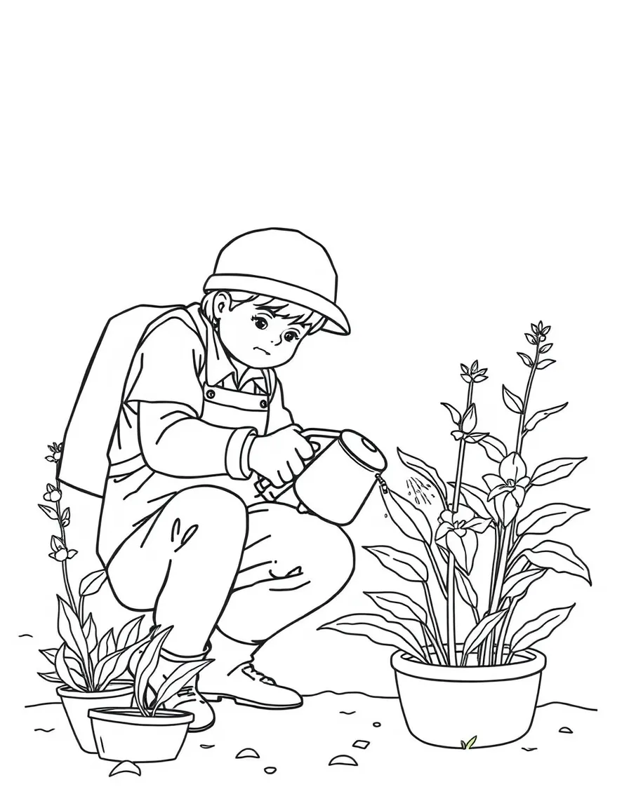 A botanist watering a plant.