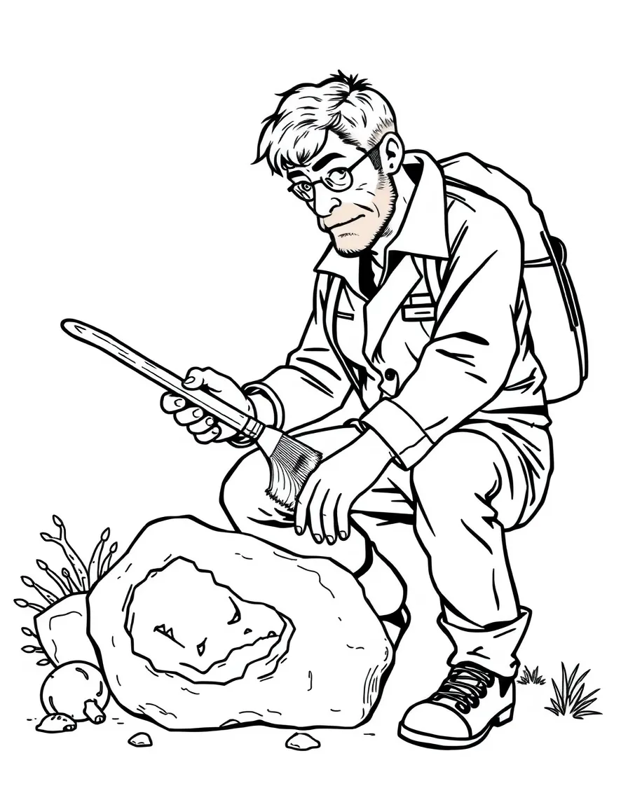 A paleontologist brushing off a fossil.