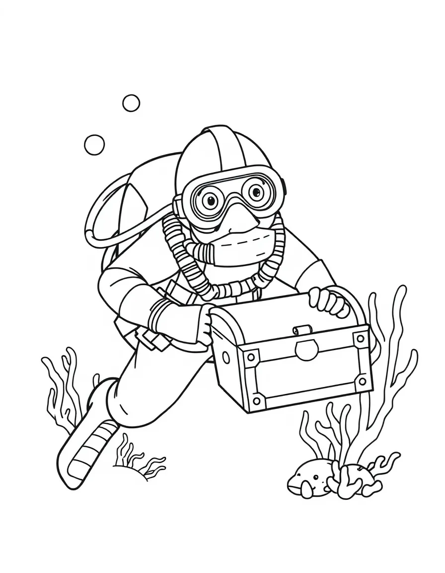 A deep-sea diver with a treasure chest.