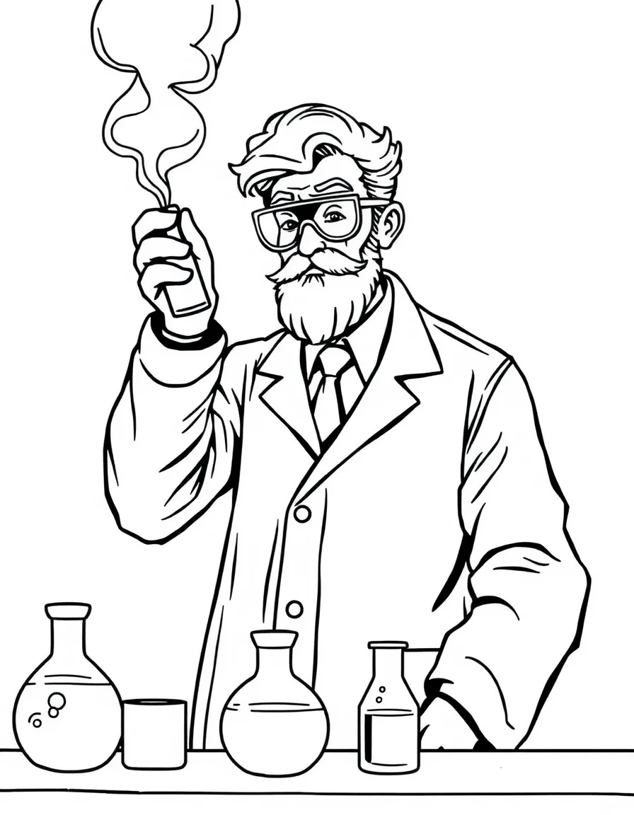 A chemist in a lab with smoke.