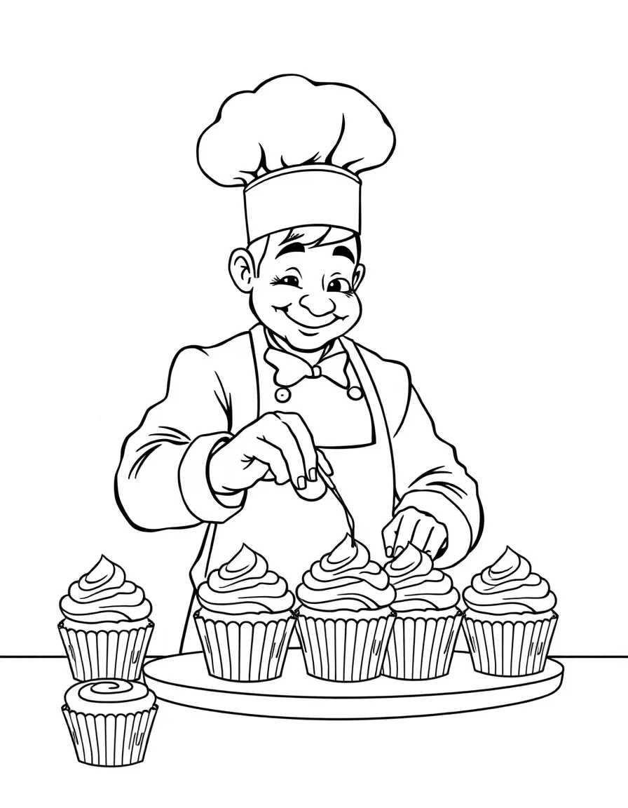 A chef decorating cupcakes.