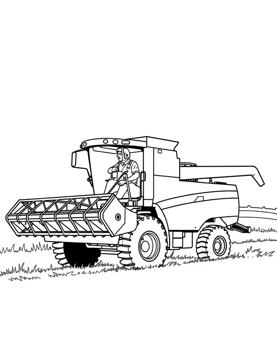 A farmer riding a combine harvester.