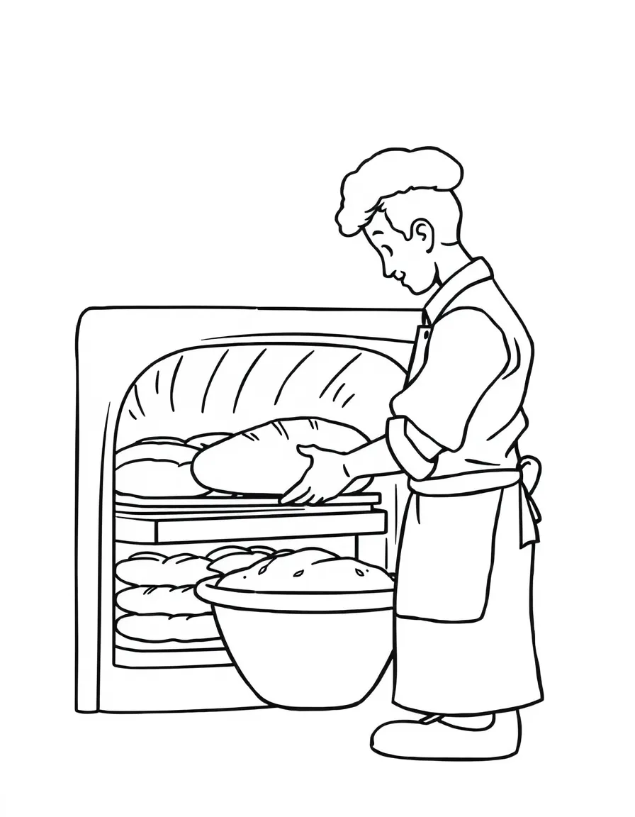 A baker putting bread in an oven.