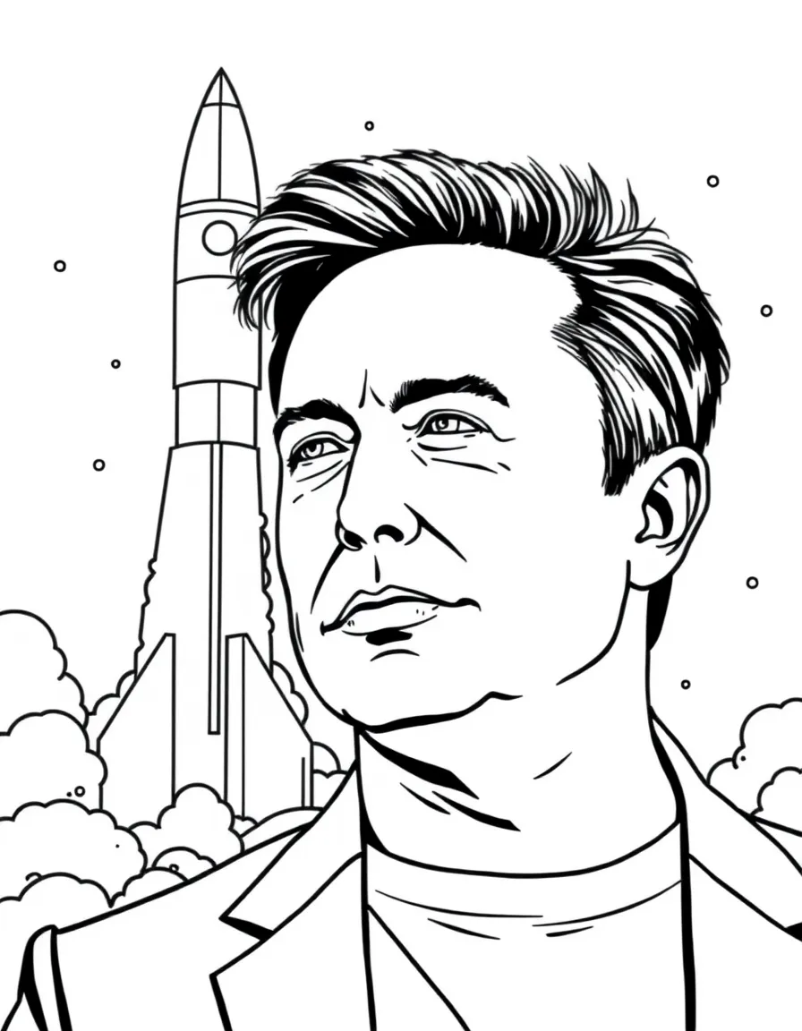 Elon Musk with a rocket in the background.