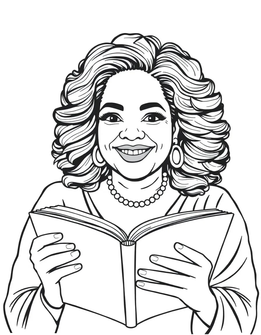 Oprah Winfrey smiling and reading a book.