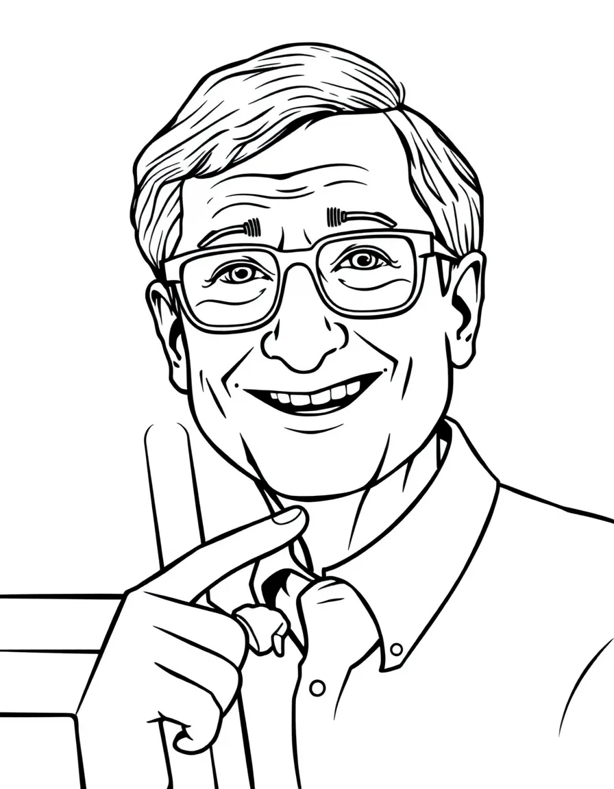 Bill Gates smiling and pointing to a computer screen.