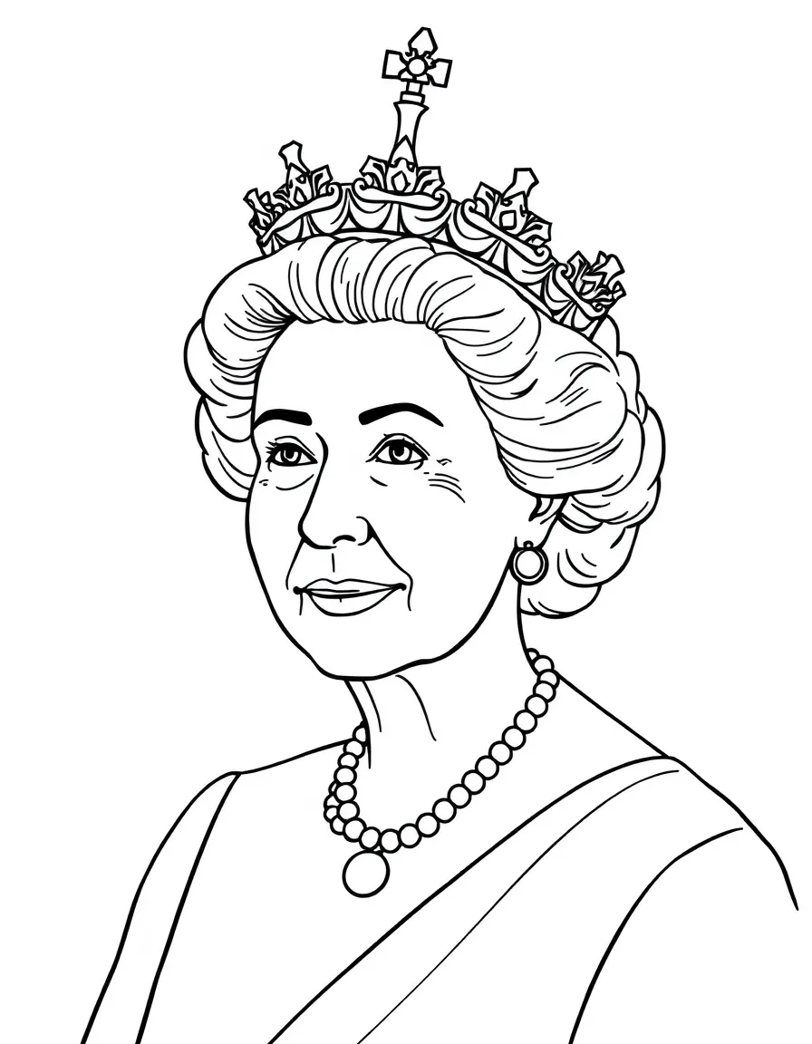 A simple drawing of Queen Elizabeth II with her crown.