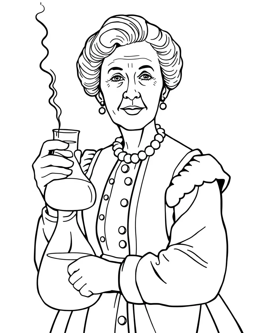 Marie Curie holding a beaker.