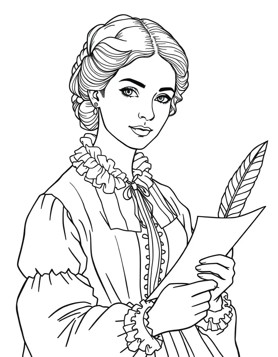 Jane Austen with a quill and paper.