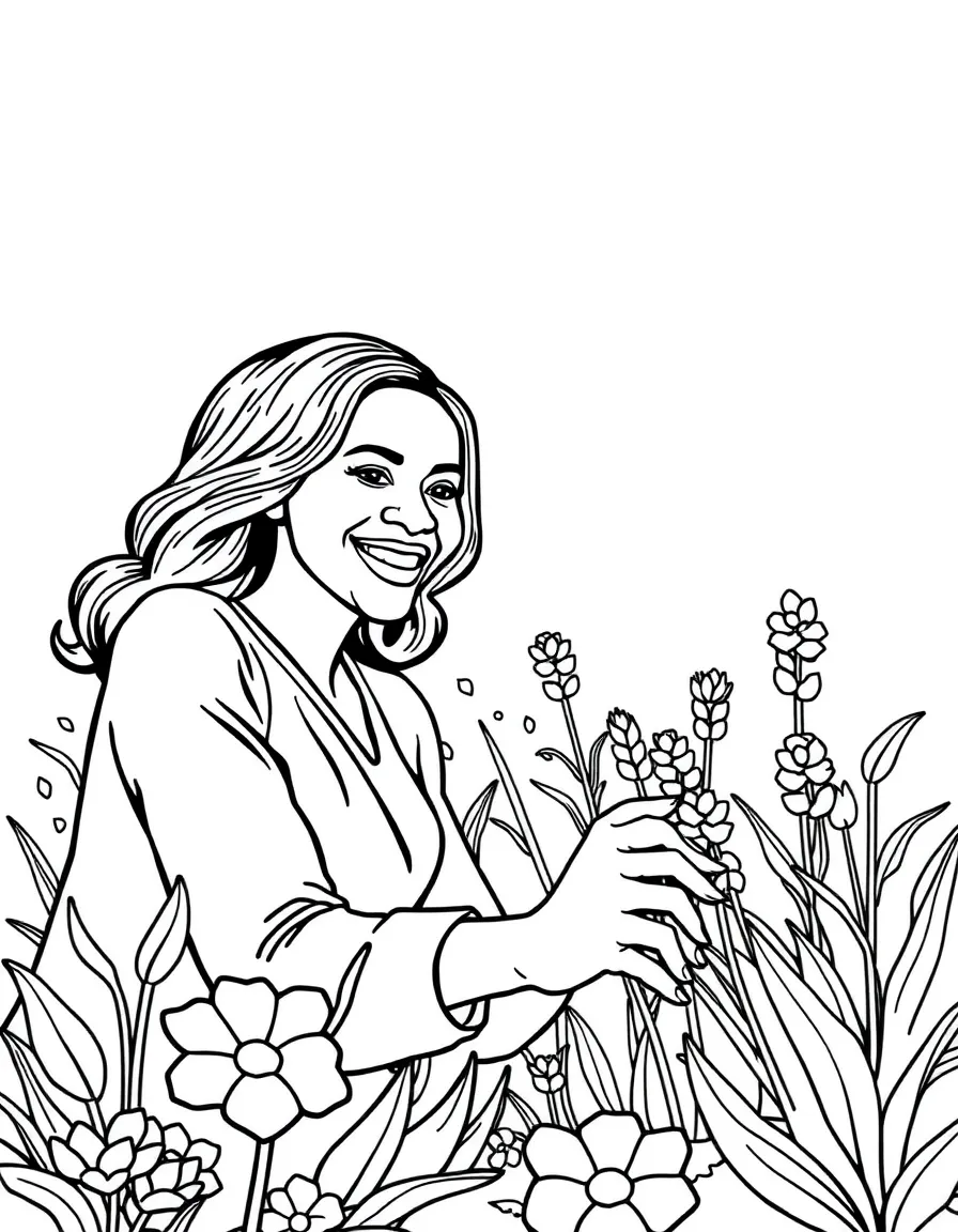 Michelle Obama smiling and gardening.