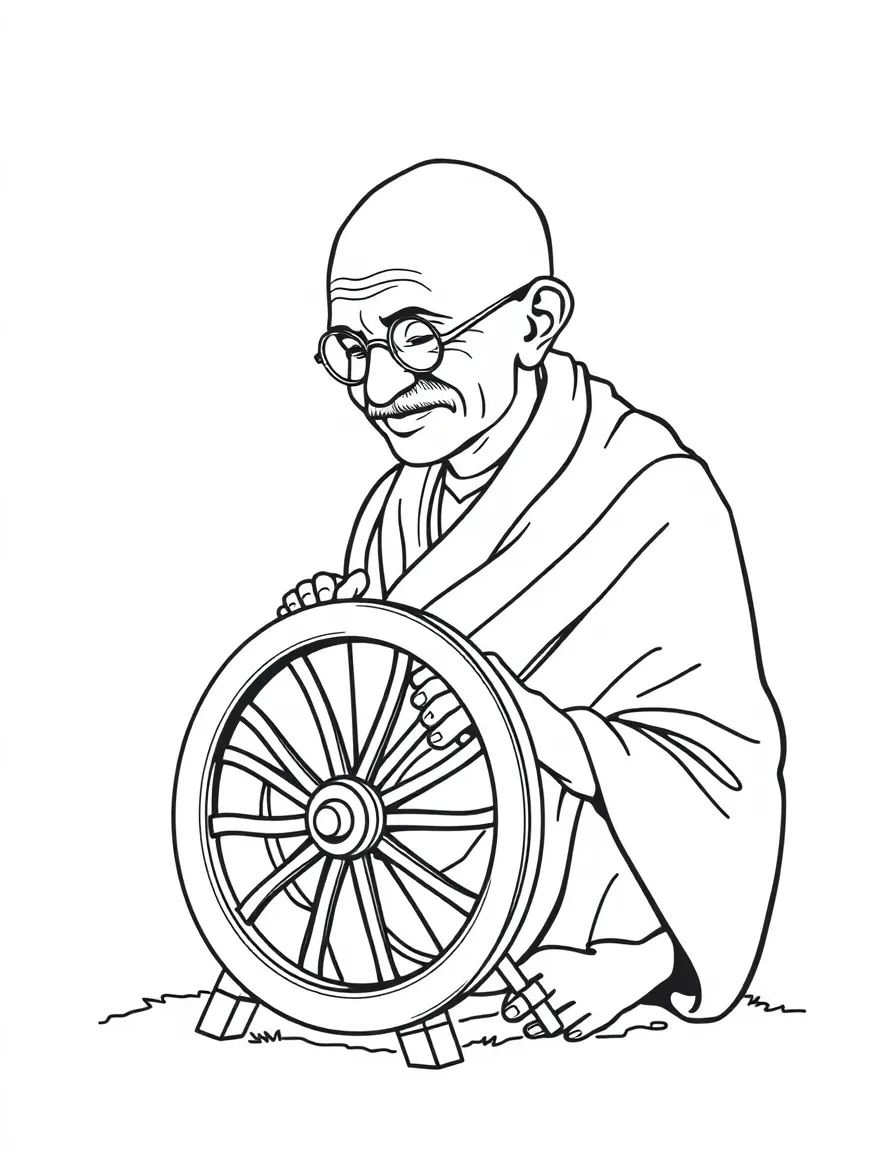 Mahatma Gandhi with a spinning wheel.