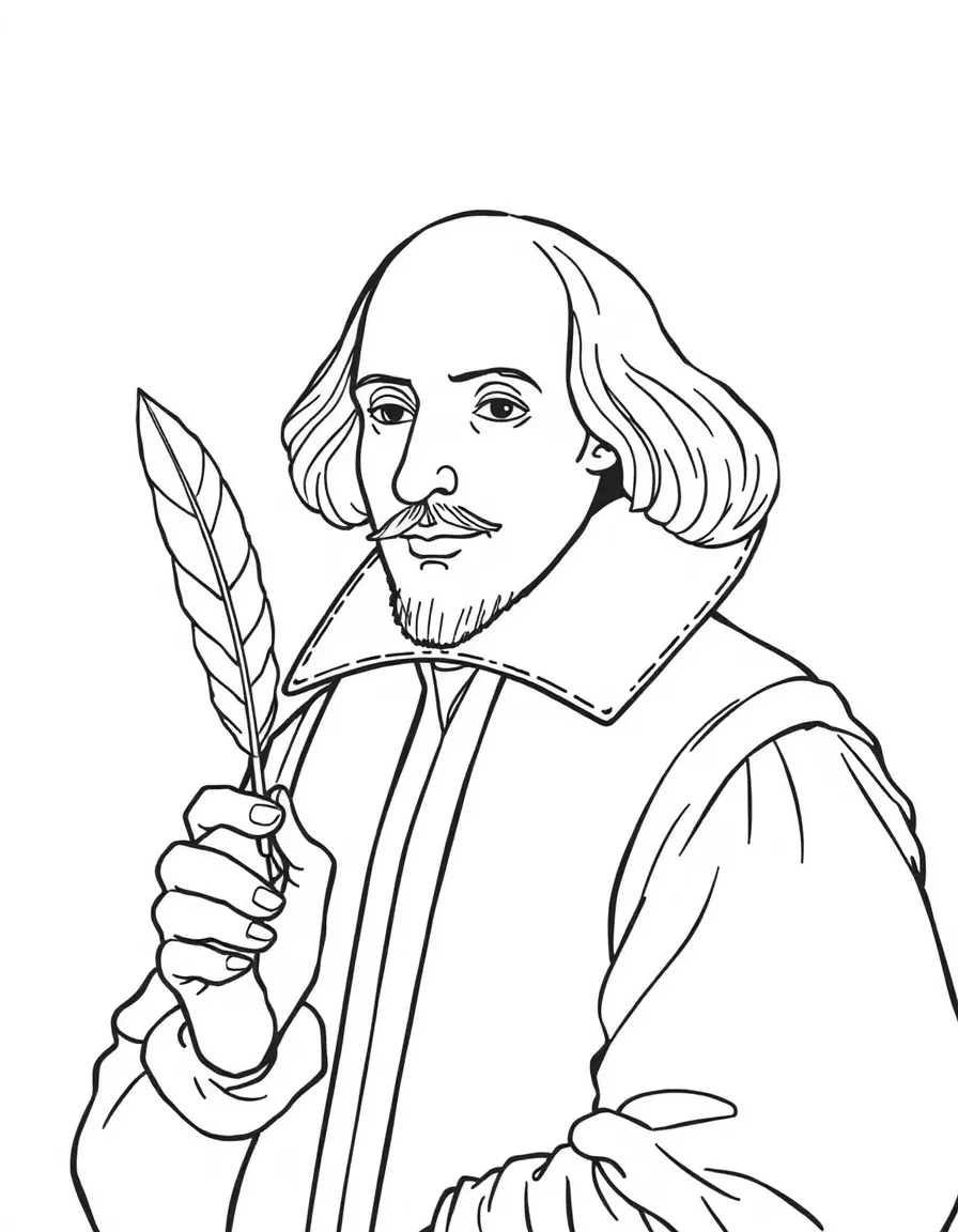 William Shakespeare holding a feather pen.