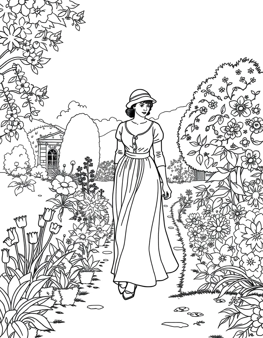 Jane Austen walking in a garden.
