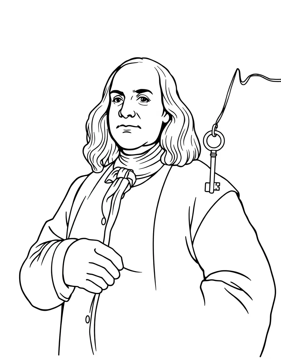 Benjamin Franklin with a key on a kite string.