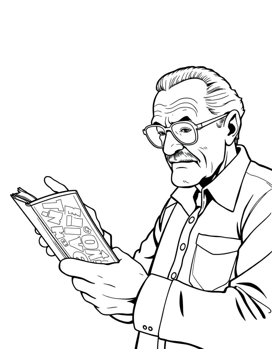 Stan Lee pointing to a comic book.