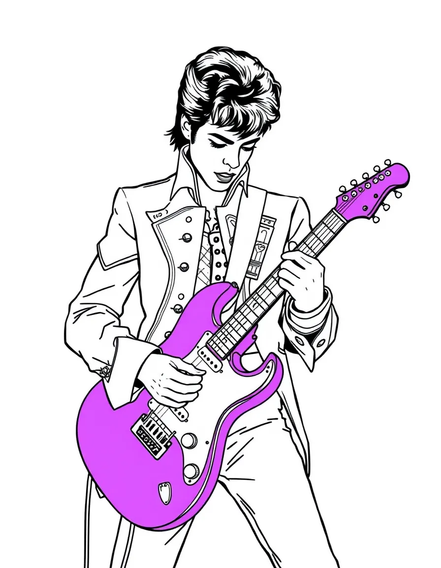 Prince playing a purple guitar.