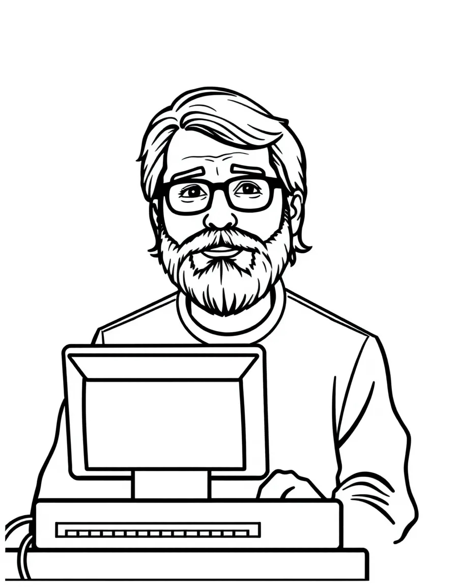 A simple drawing of Steve Wozniak with a computer.