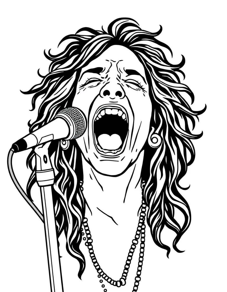 Janis Joplin singing loudly.