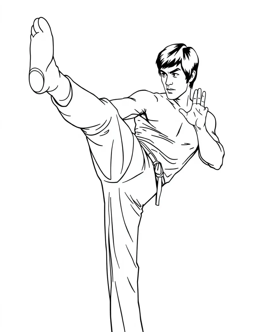 Bruce Lee doing a kick.