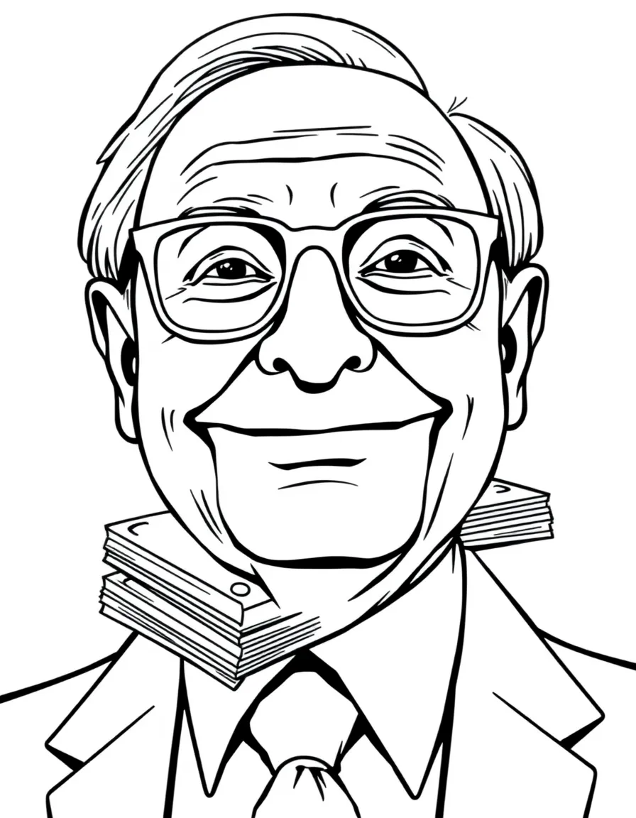 Warren Buffett smiling with a big stack of money (simple lines).