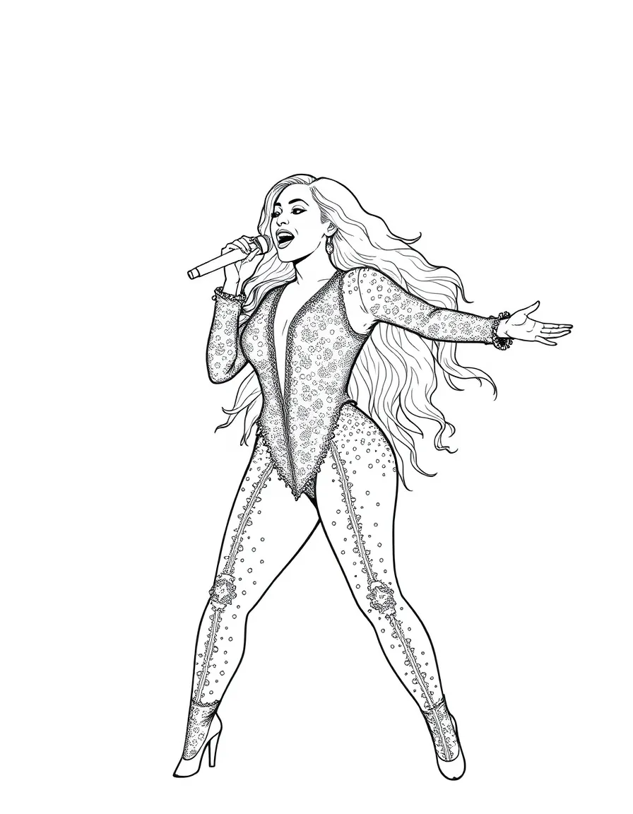 Beyoncé in a sparkly outfit singing.