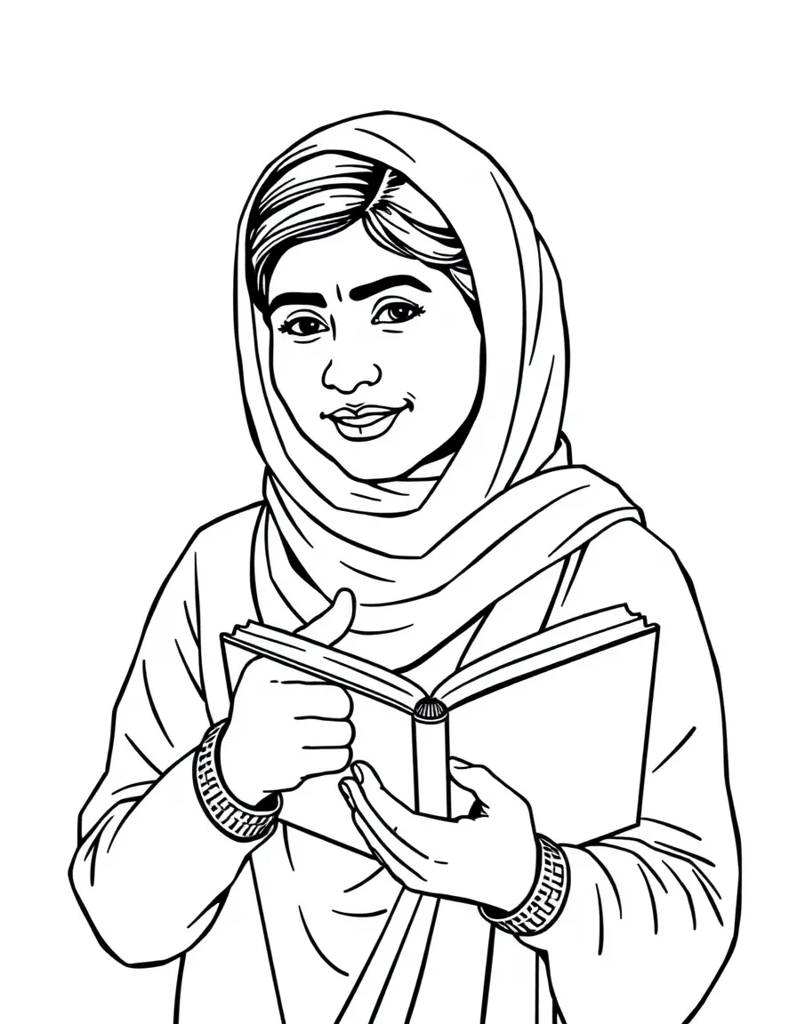 Malala Yousafzai pointing to a book.