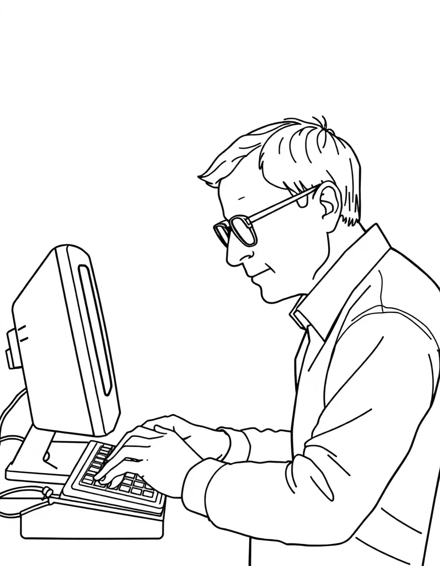 Bill Gates coding on a simple computer screen.