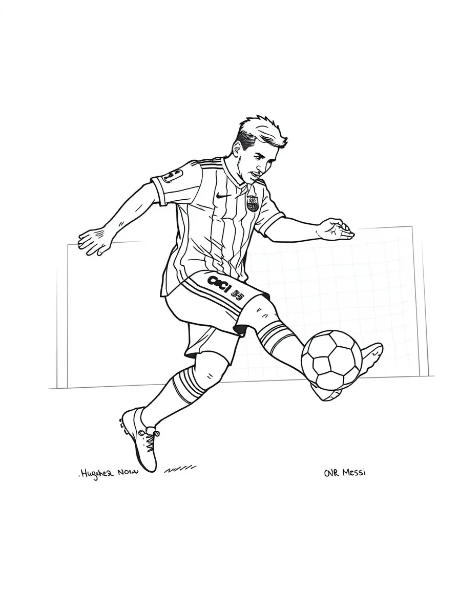 Lionel Messi kicking a soccer ball towards a goal.