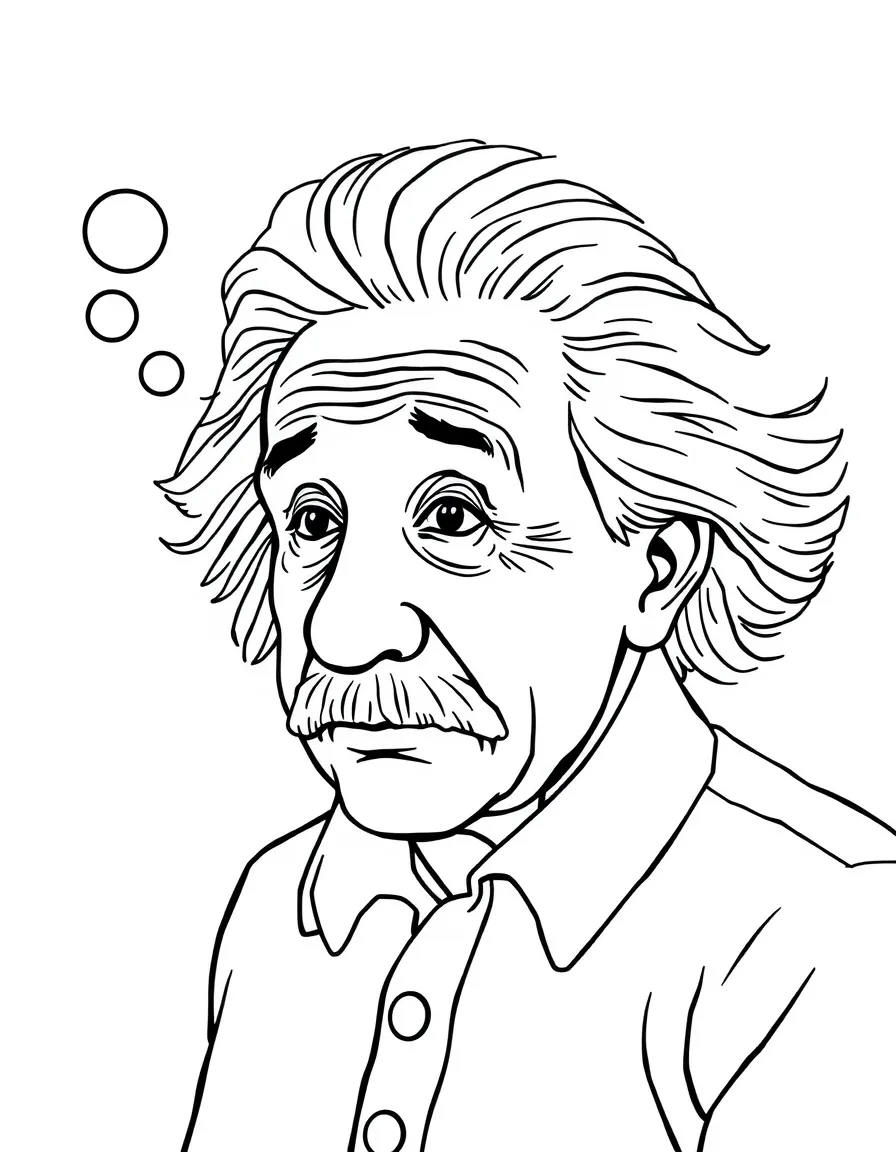 Albert Einstein thinking with a thought bubble.