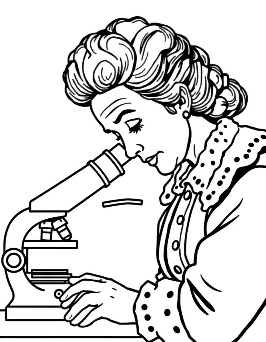 Marie Curie looking through a microscope.
