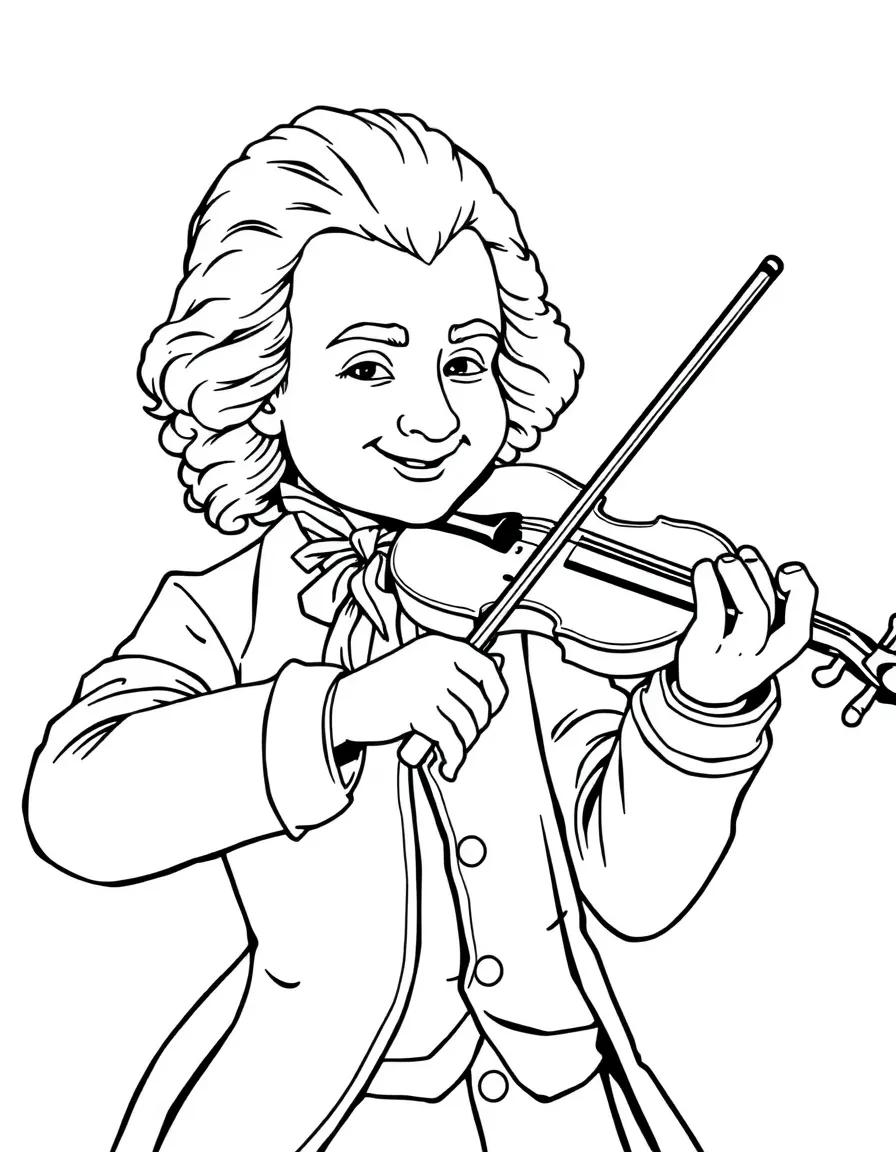 Wolfgang Amadeus Mozart playing a violin happily.