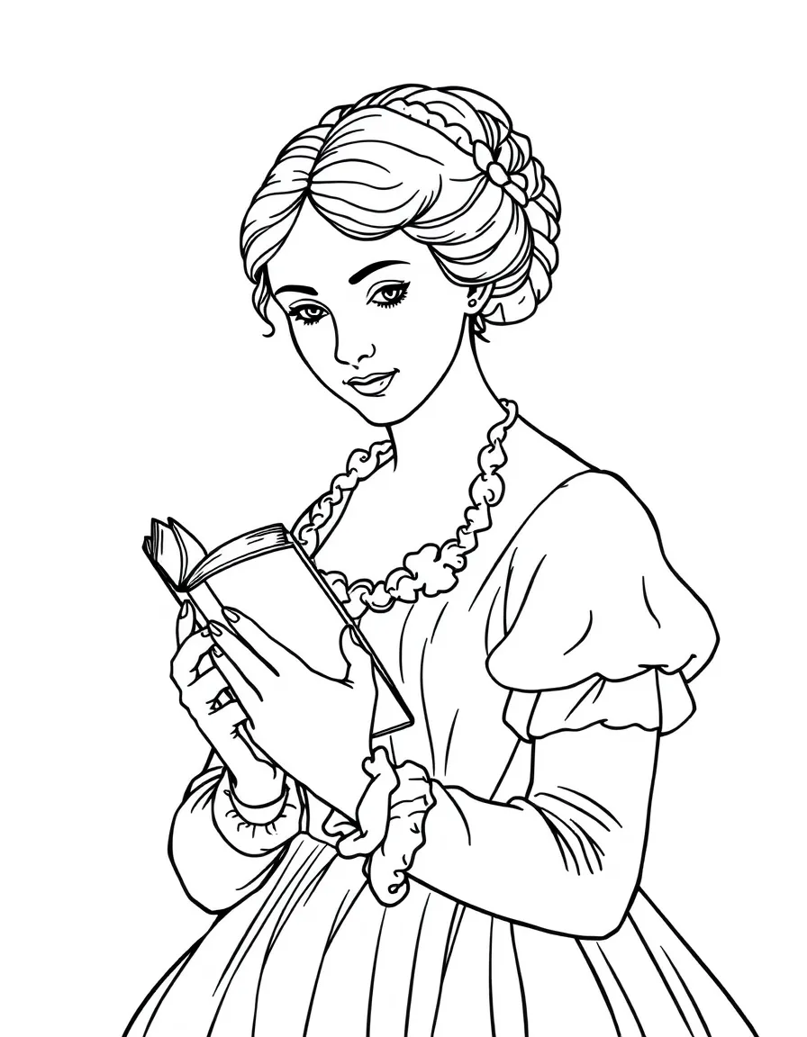 Jane Austen holding a novel.