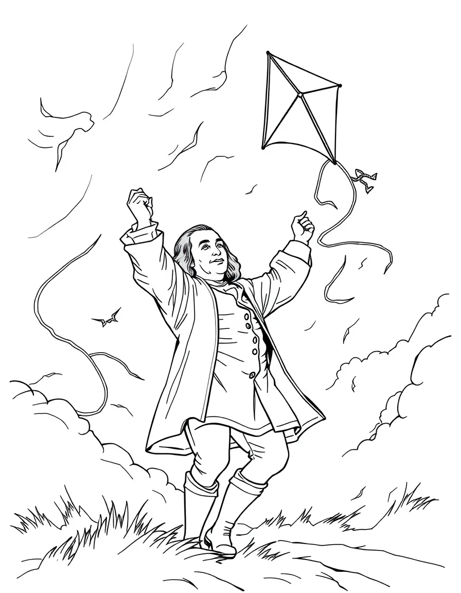 Benjamin Franklin flying a kite in a storm.