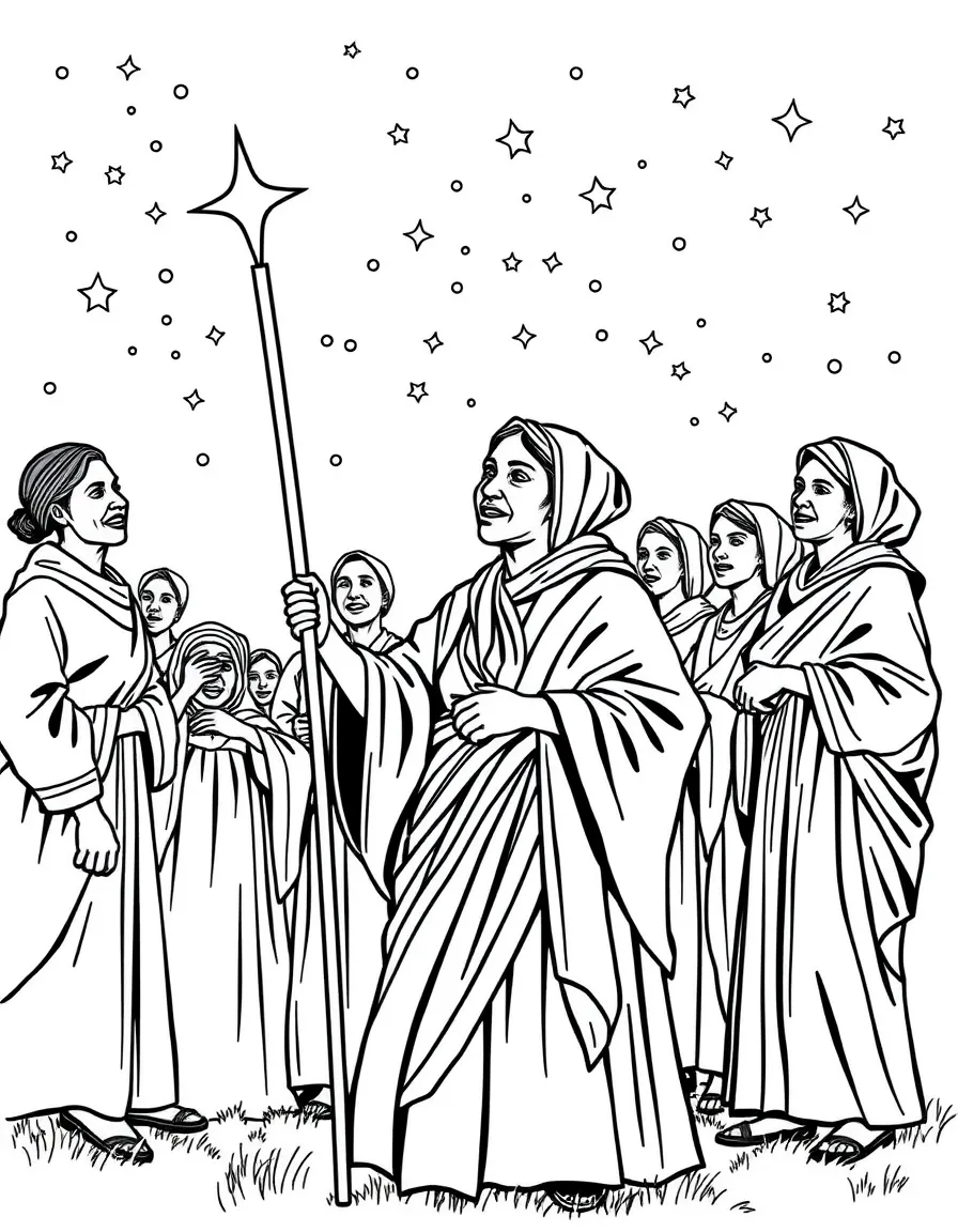 Harriet Tubman guiding a group under the stars.