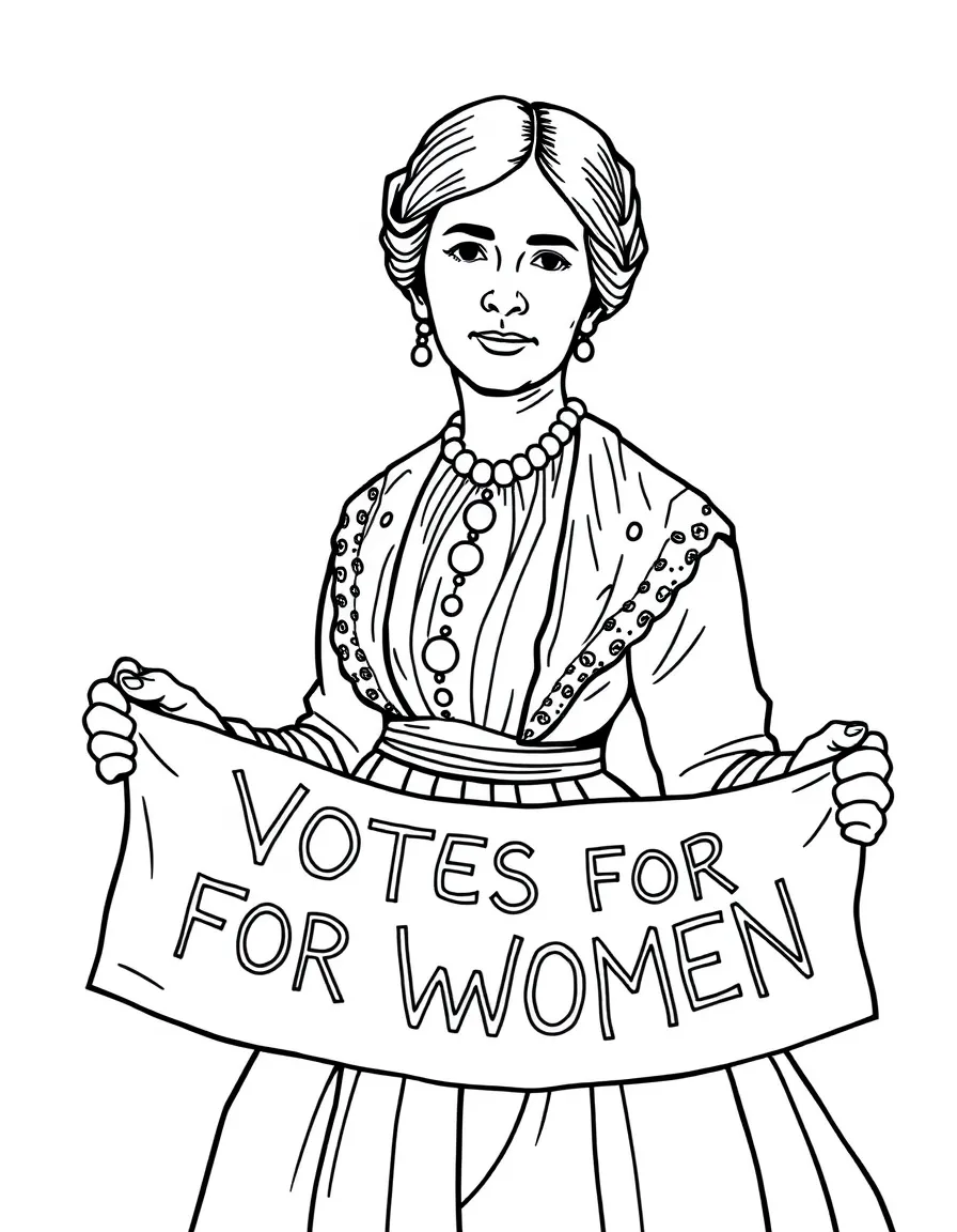 Susan B. Anthony holding a "Votes for Women" banner.