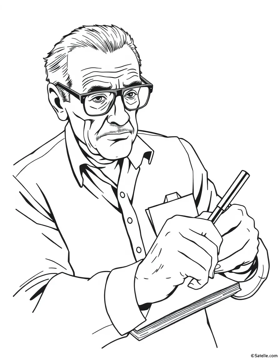 Stan Lee drawing a superhero on a notepad.