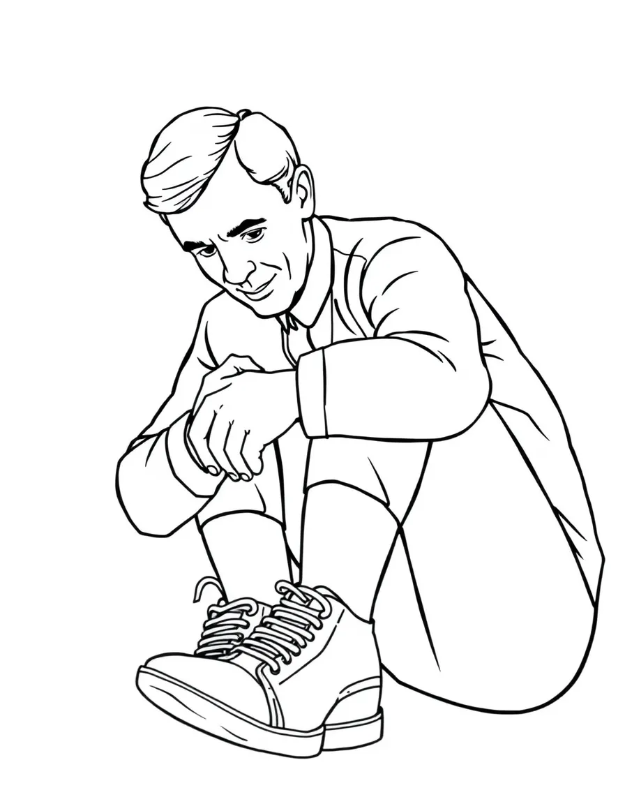 Mr. Rogers putting on his sneakers.