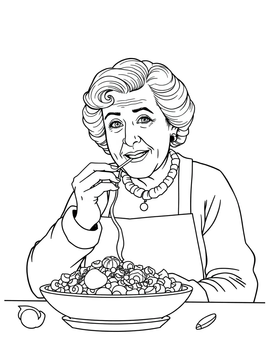 Julia Child tasting a delicious dish.