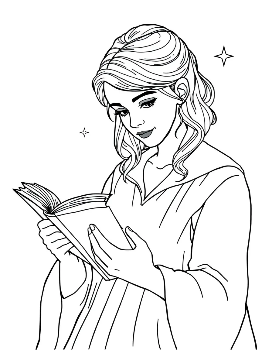 Emma Watson reading a spellbook.